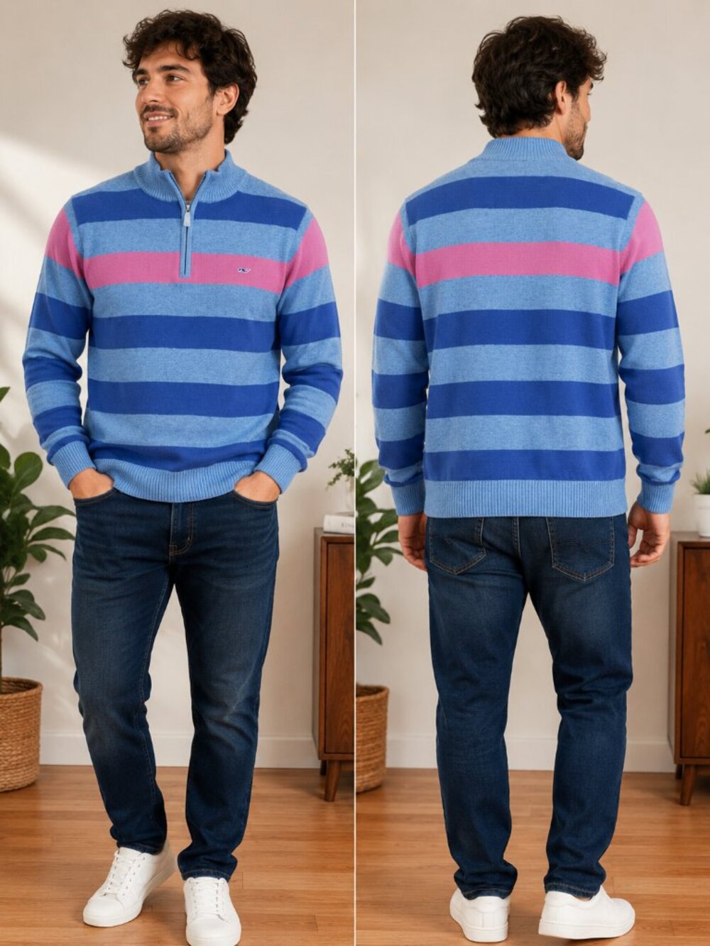 Vineyard Vines Men's Quarter Zip Long Sleeve Polo Pull-Over Stripped Sweater M